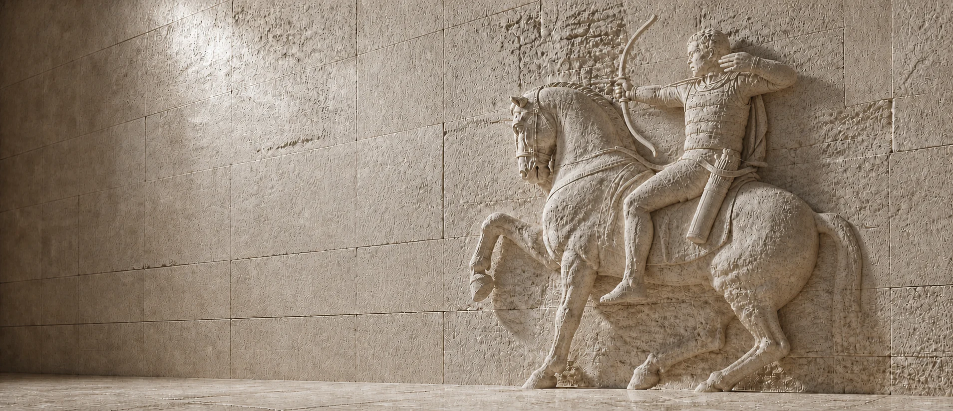 A pale stone relief of a mounted archer releasing an arrow across a sunlit carved wall.